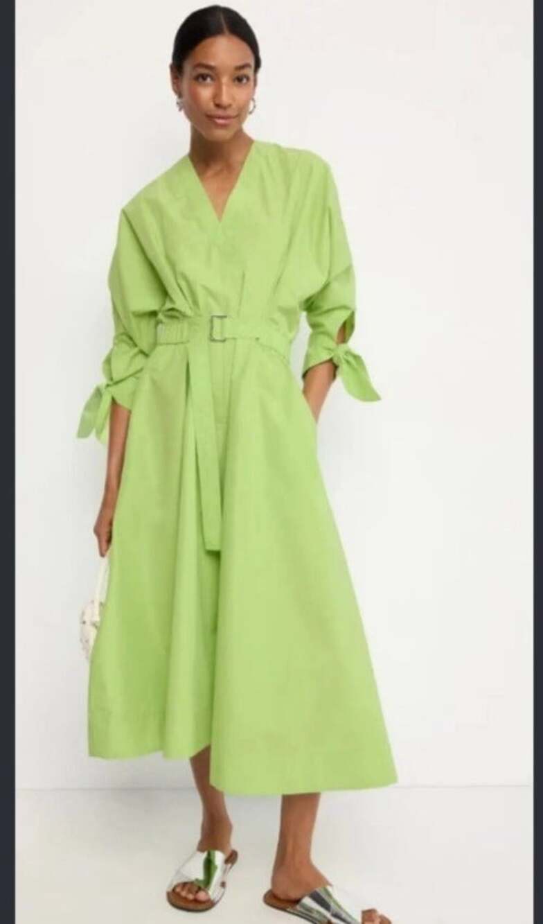 3.1 Phillip Lim Poplin V-Neck Midi Dress Green Belted Sleeve Ties Sz 4
